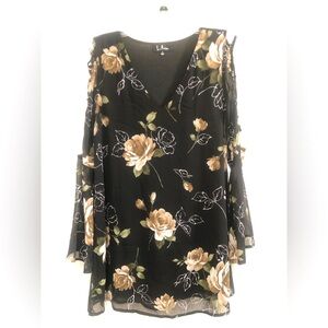 Lulus black floral mini dress with lace up arms and bell sleeves
